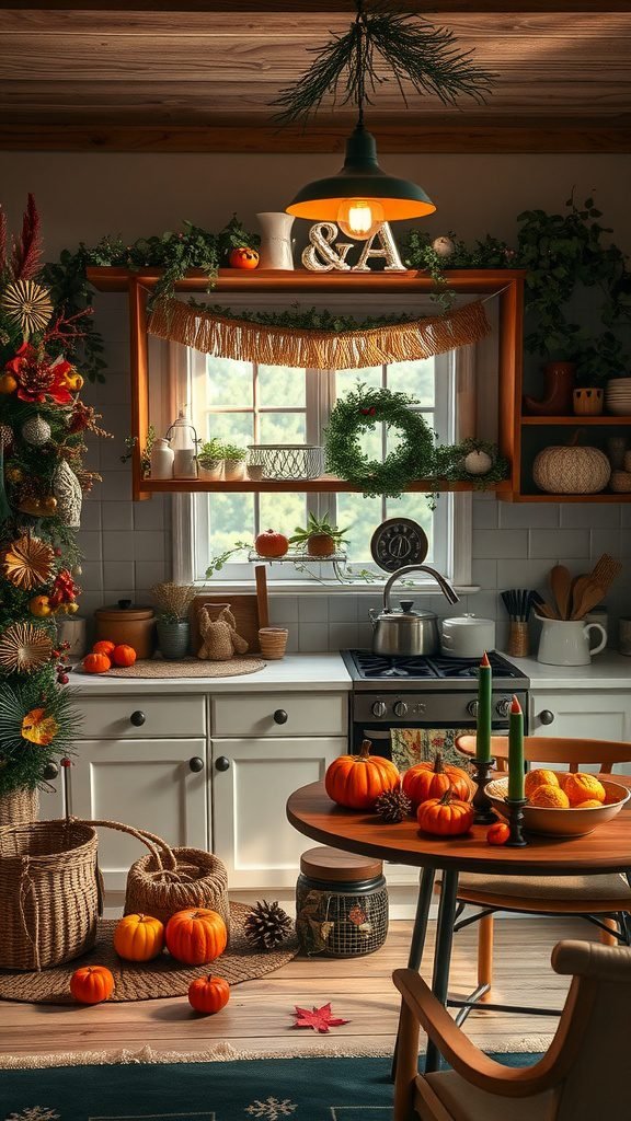 A cozy fall-themed kitchen with pumpkins, greenery, and warm lighting.