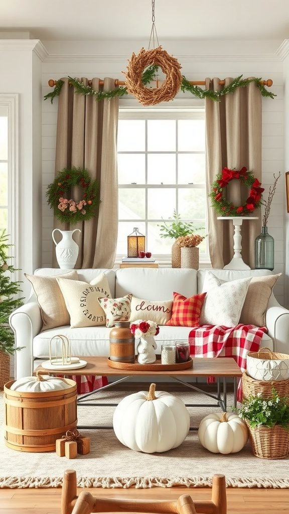 A beautifully decorated farmhouse living room featuring a white sofa with various pillows, seasonal wreaths, and rustic decor elements.