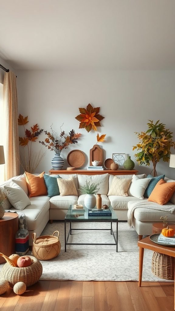 Cozy goblincore living room decorated for autumn with warm colors and natural elements.