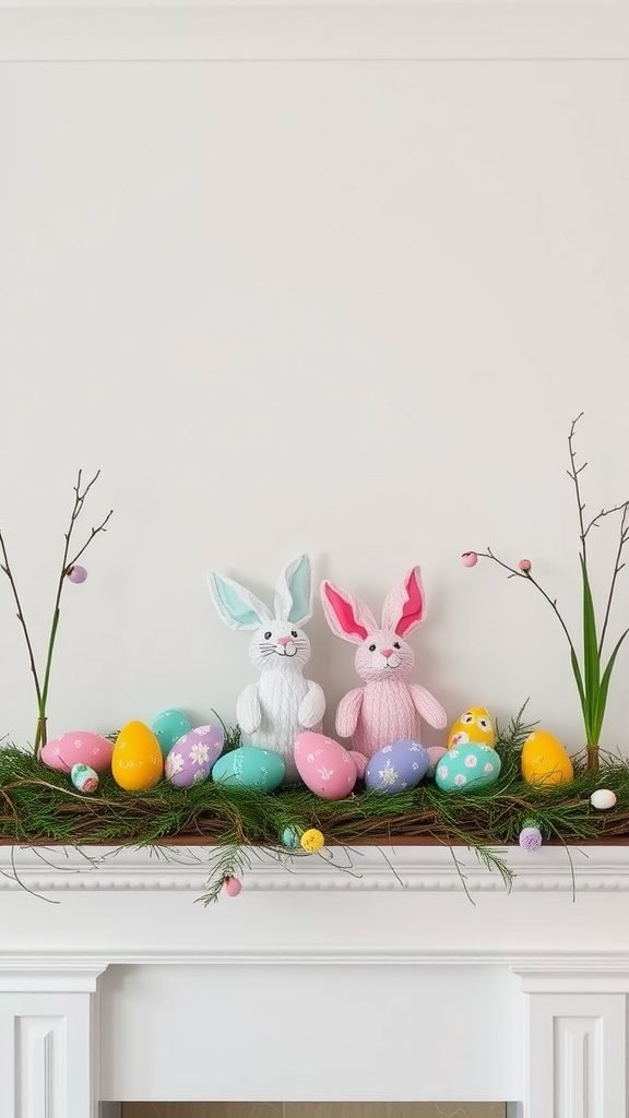 Easter mantle decor featuring bunny figures and colorful eggs