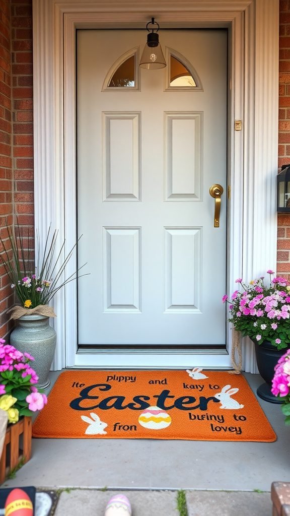 Colorful Easter door mat with bunnies and eggs at a home's entrance