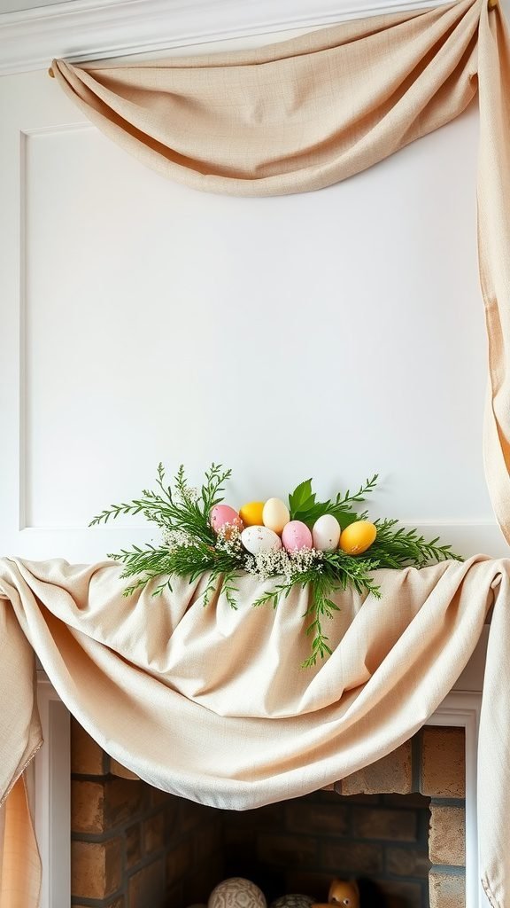 A decorated mantle with soft beige fabric, pastel eggs, and greenery.
