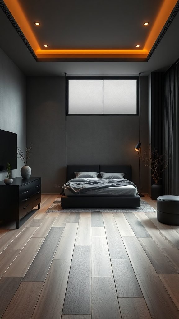 A modern dark earthy bedroom with sleek black furniture and warm lighting.