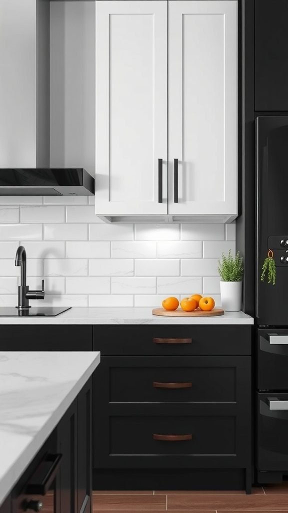 Modern black and white kitchen with sleek hardware and warm accents.