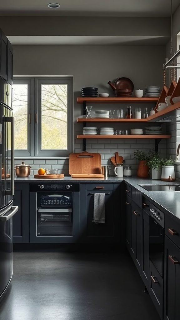 A moody kitchen featuring dark cabinetry, open shelving, and organized storage solutions.
