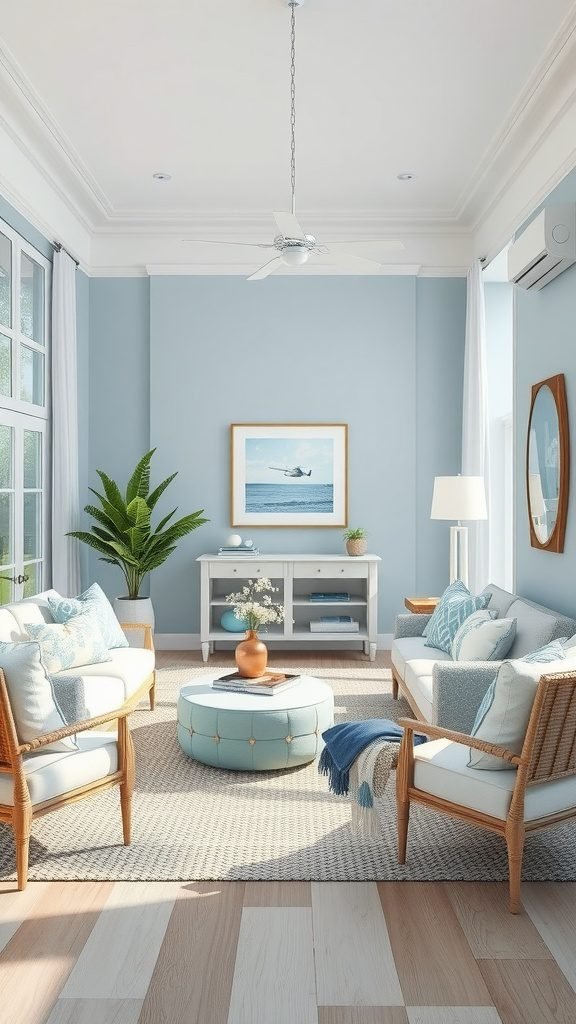 Coastal living room featuring soft blue walls, white furniture, and natural decor elements.
