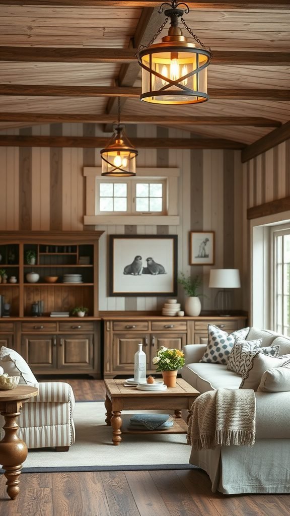 A cozy farmhouse living room featuring soft lighting fixtures, wooden furniture, and a warm color palette.