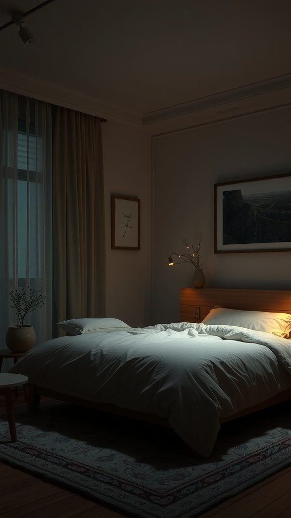 A dark earthy bedroom with soft lighting, featuring a cozy bed and gentle illumination from a bedside lamp.