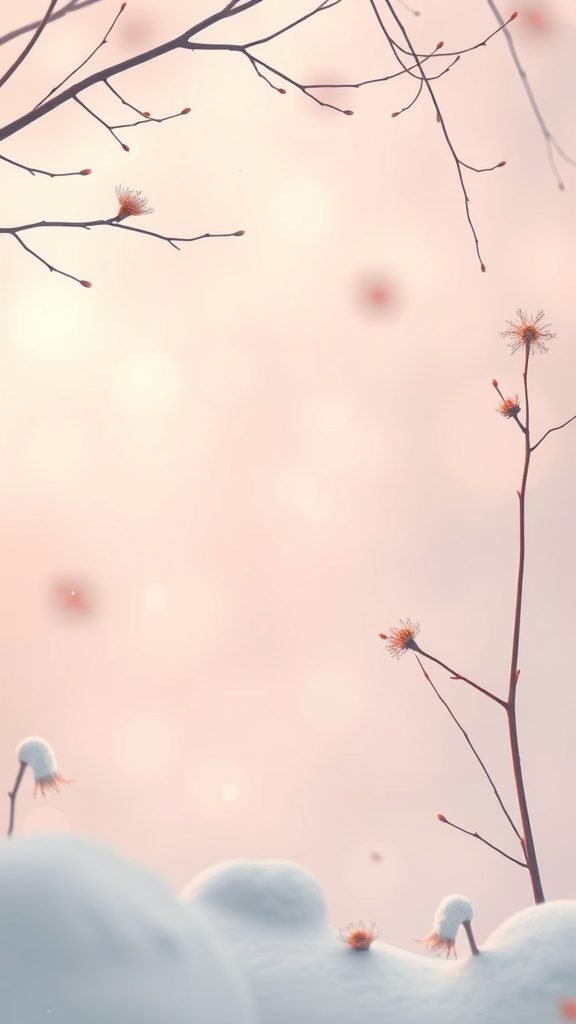A serene winter scene with soft pastel colors, featuring bare branches and budding flowers against a snowy background. February Wallpaper