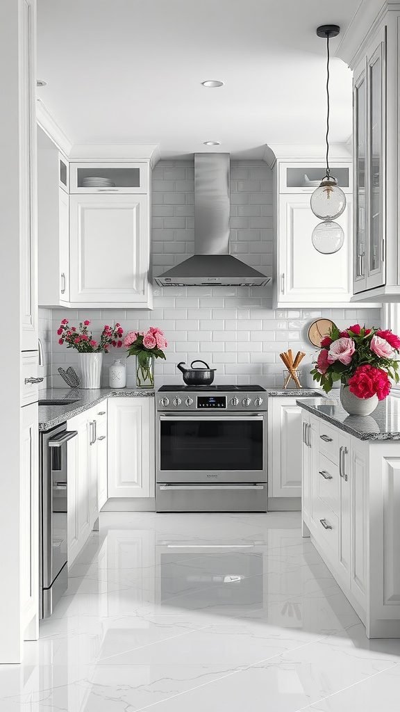 A bright and modern kitchen with white cabinets, gray countertops, and colorful flowers, showcasing a black and white elegant theme.