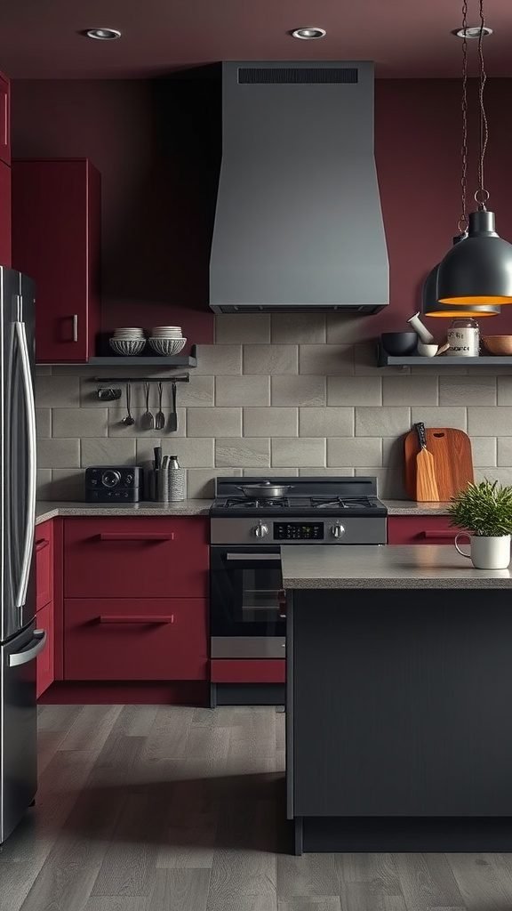 A moody kitchen featuring burgundy cabinets, black countertops, and a gray backsplash with warm lighting.