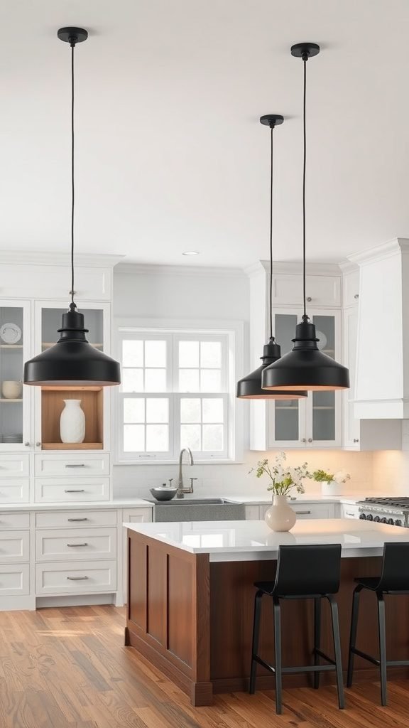 A stylish black and white kitchen featuring pendant lighting over a central island.