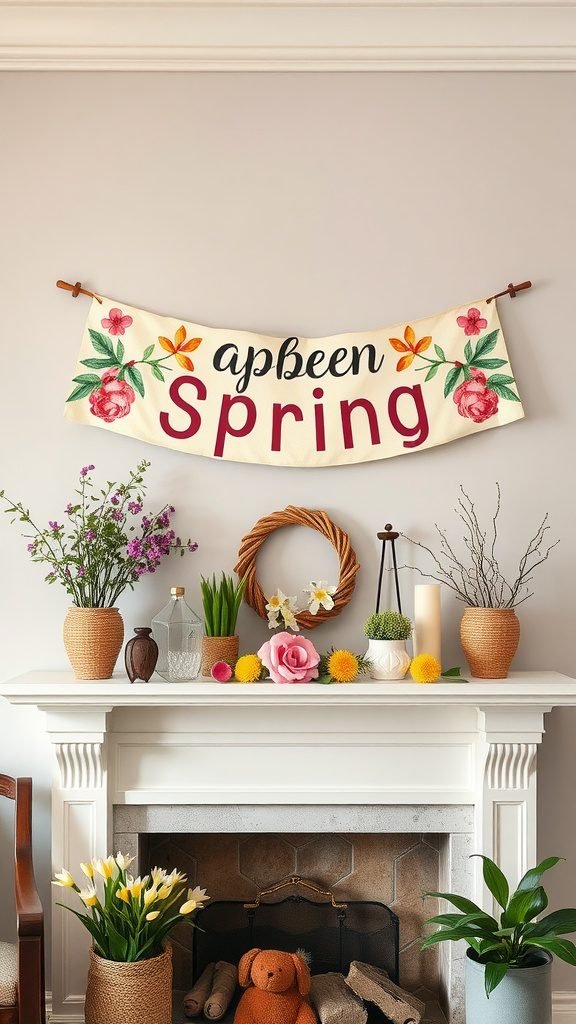 Spring-themed banner above a decorated mantle with flowers and decorative items