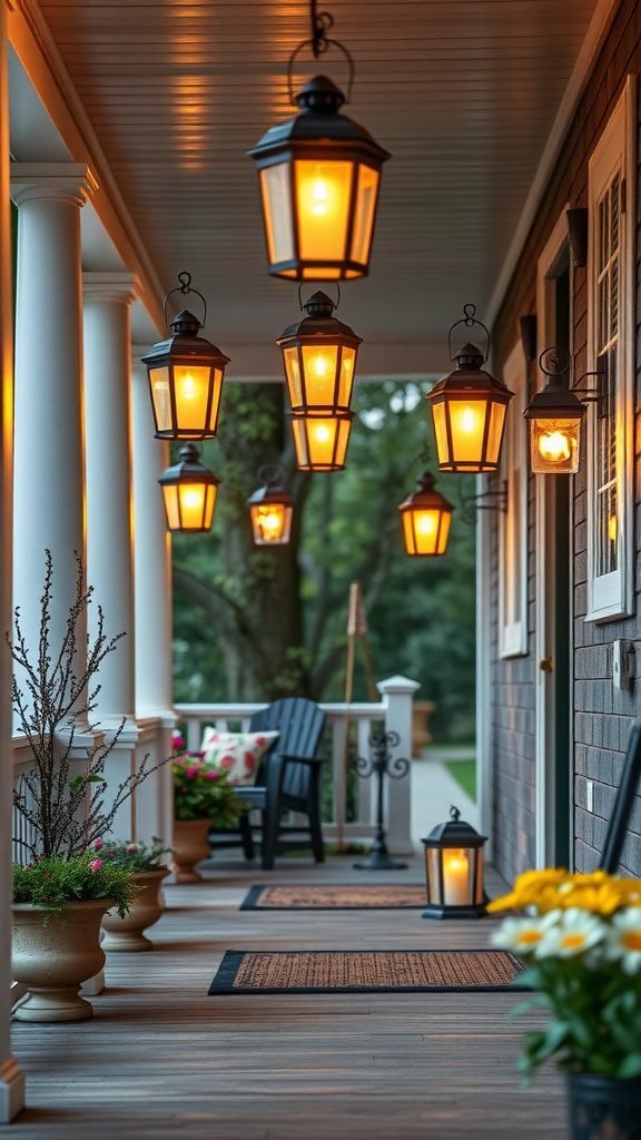 A beautiful porch with hanging lanterns casting a warm glow, surrounded by pots of flowers and a cozy chair.