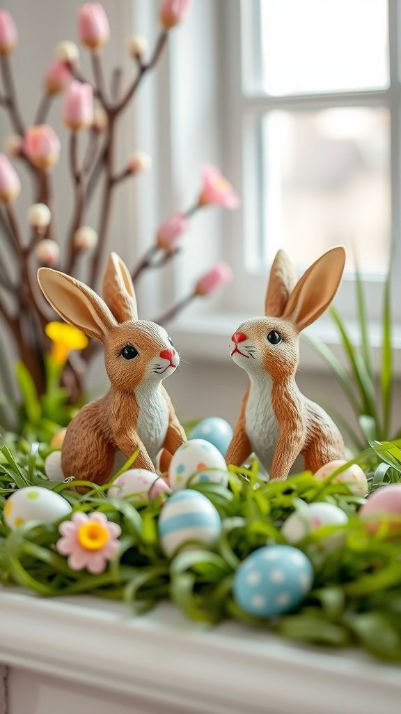 Two bunny figurines surrounded by colorful eggs and flowers on a mantle.