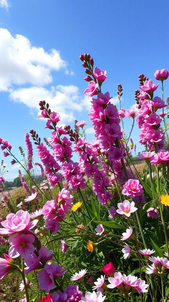 Vibrant pink flowers against a blue sky