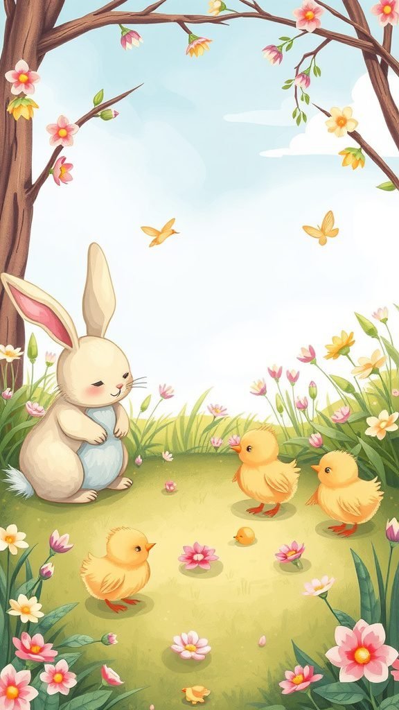 A cute bunny with yellow chicks surrounded by flowers and butterflies in a spring setting.