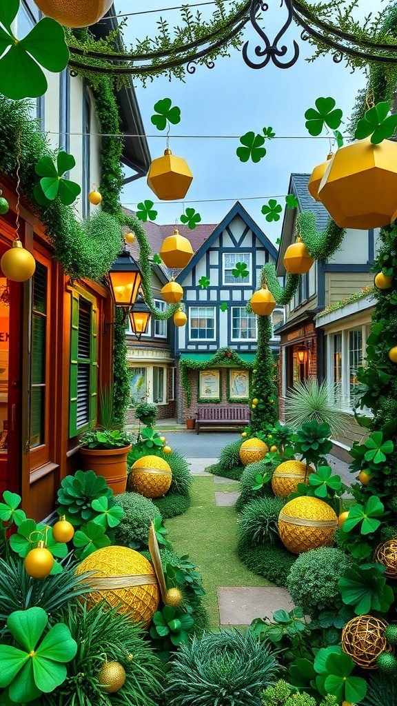 A festive street decorated for St. Patrick's Day with green clovers and golden ornaments.