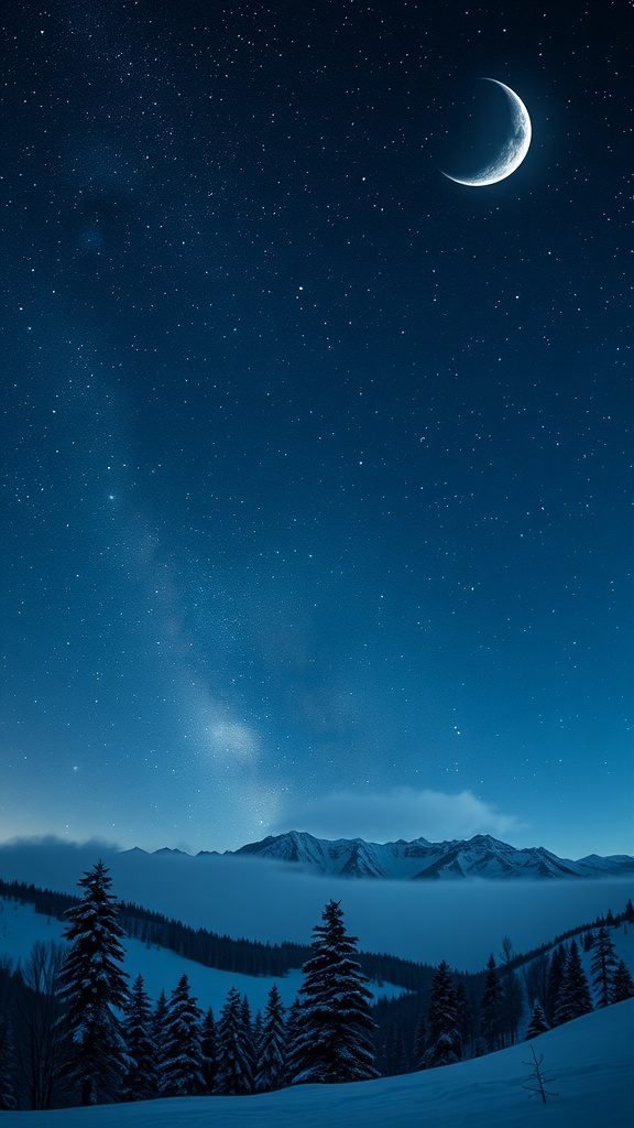 A serene starry night sky with a crescent moon over a snowy landscape and tall trees.