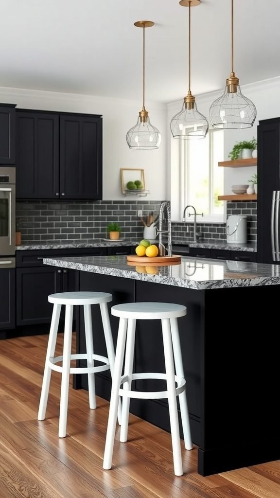 A stylish kitchen with a dark island, light stools, and elegant lighting, featuring a fruit bowl on the counter.