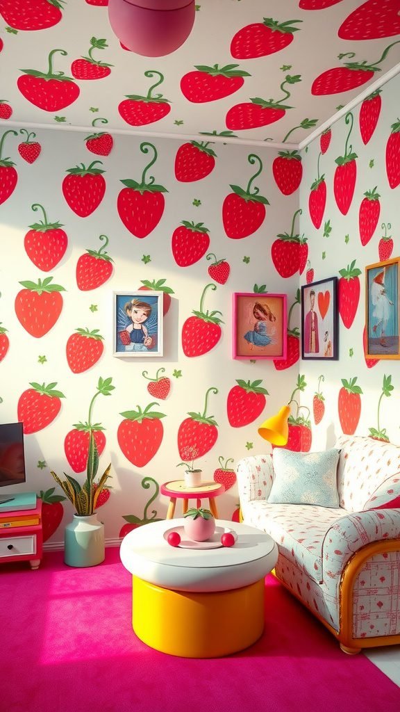 A room decorated with vibrant strawberry wallpaper, colorful furniture, and a playful atmosphere.
