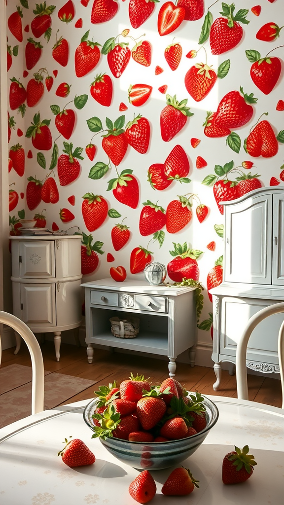 A room with strawberry wallpaper and a bowl of fresh strawberries on the table