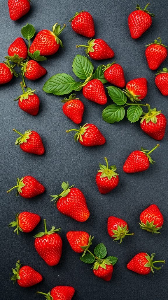 A vibrant pattern of strawberries on a black background, showcasing the rich colors and playful design.