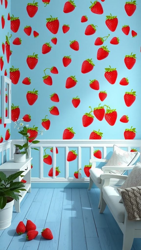 A bright and cheerful room featuring strawberry wallpaper on blue walls, with white furniture and a few strawberries on the floor.