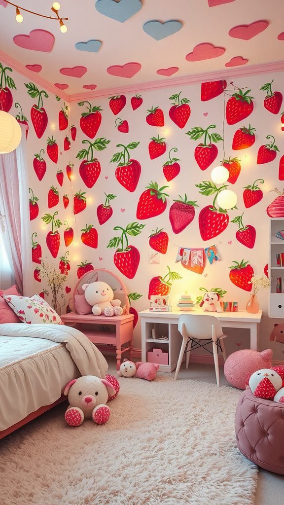 A room with strawberry wallpaper featuring red strawberries on a pink background, along with cute decor and soft lighting.