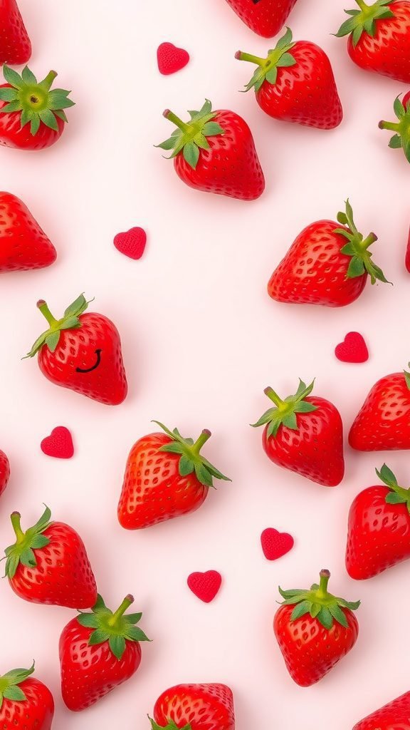 A pattern of red strawberries and small hearts on a pink background