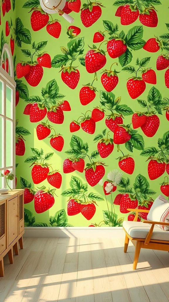Bright green wall with strawberry wallpaper featuring red strawberries and green leaves