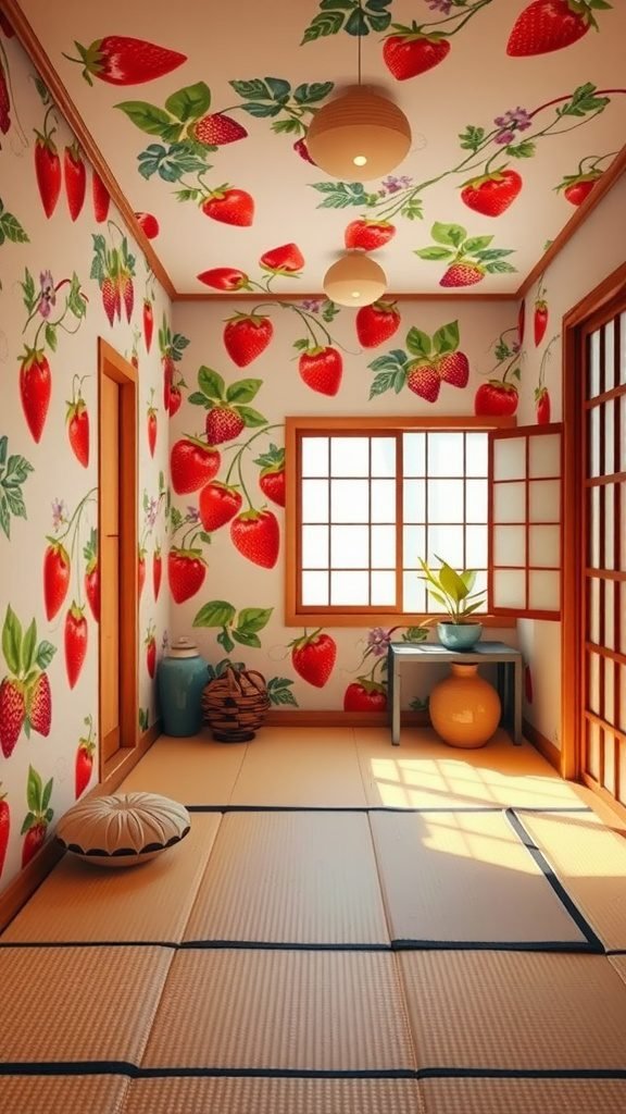 A room decorated with strawberry wallpaper featuring large strawberries on walls and ceiling, traditional tatami flooring, and a small table with a plant.