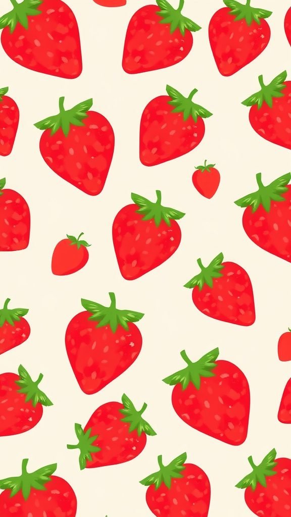 Simple strawberry wallpaper featuring red strawberries on a light cream background.
