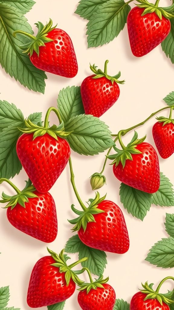 Vintage strawberry wallpaper featuring bright red strawberries and green leaves.