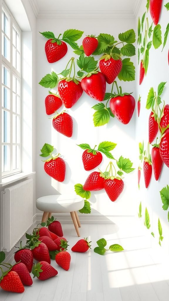 A bright room with strawberry wallpaper featuring red strawberries and green leaves against a white background.