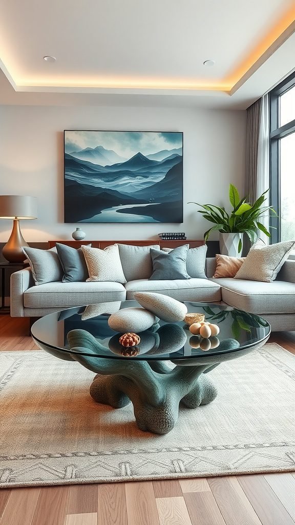 A stylish coffee table with a unique design, featuring a glass top and natural elements, in a coastal living room with soft gray and blue decor.