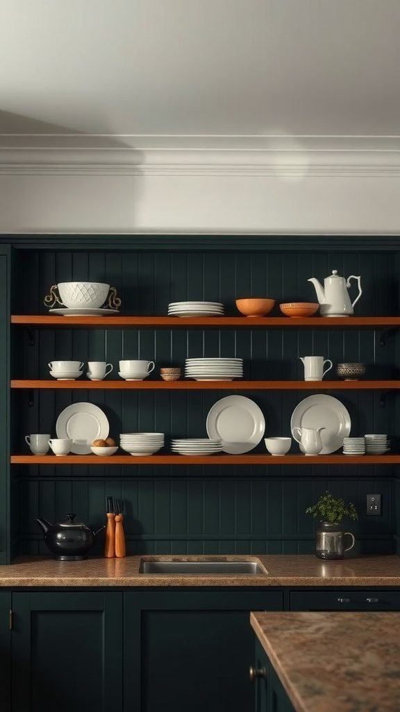 A stylish kitchen with open shelving displaying white dishes and wooden accents against a dark green wall.