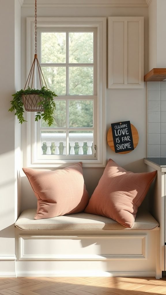A cozy kitchen corner featuring two soft pillows on a window seat, a hanging plant, and a message board.