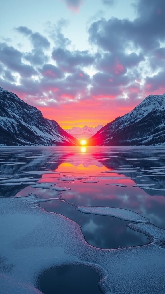A stunning sunset over frozen lakes, with vibrant colors in the sky and reflections on the icy surface.