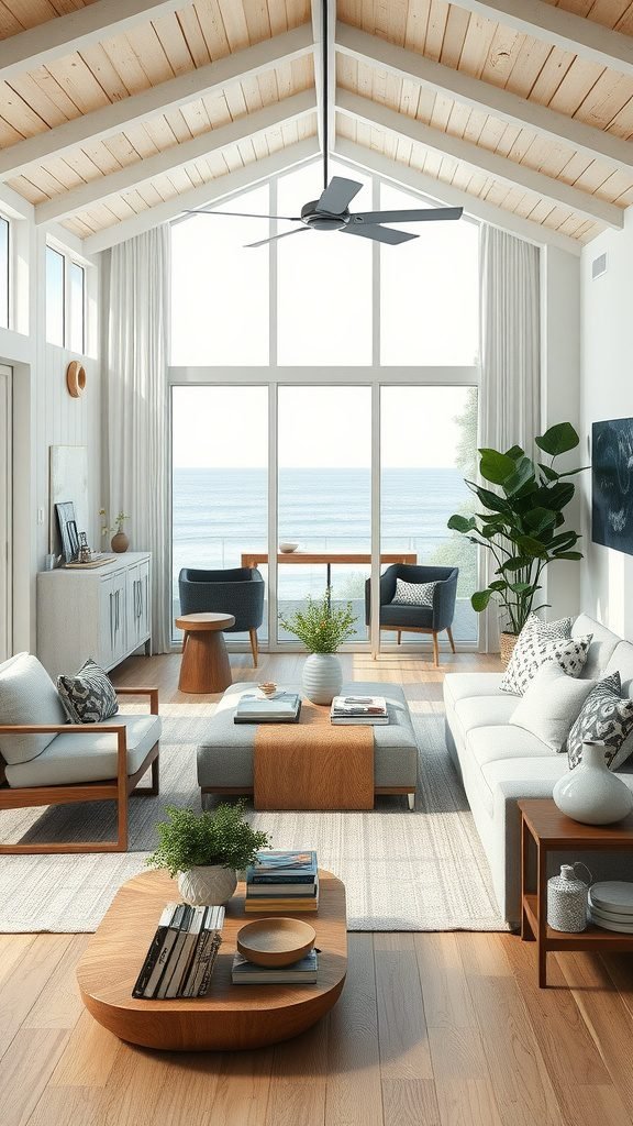 A bright coastal living room featuring large windows, wooden furniture, and natural decor.