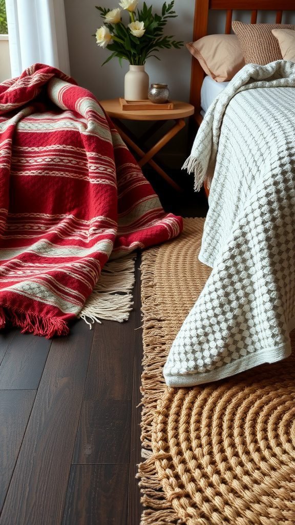 A cozy dark earthy bedroom featuring textured blankets and a woven rug on a wooden floor.