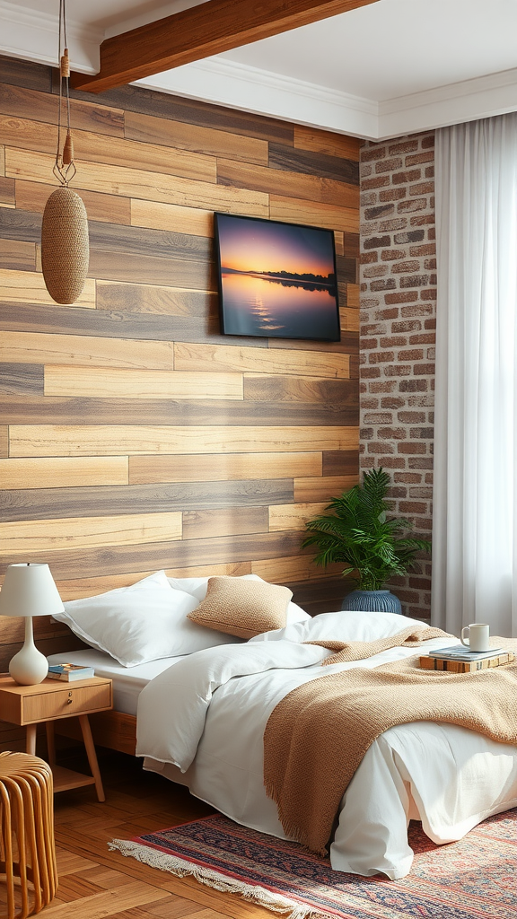 Eclectic Boho Bedroom featuring textured wooden and brick walls, a comfortable bed, and a cozy atmosphere.