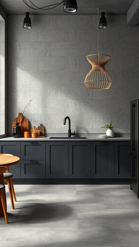 Moody kitchen featuring textured wall treatments, dark cabinetry, and warm lighting