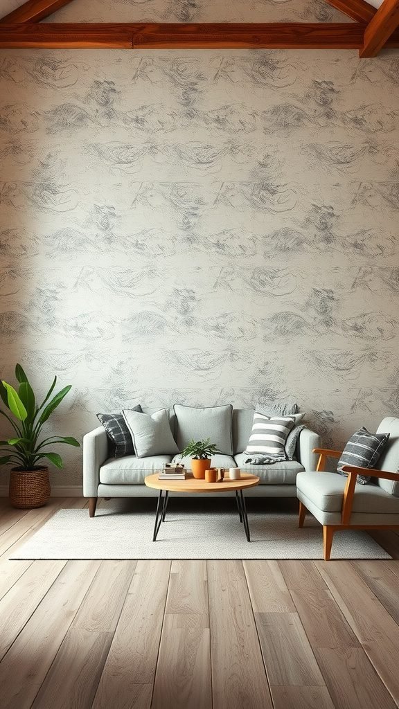 A cozy farmhouse living room featuring textured wallpaper, a comfortable couch, and wooden accents.