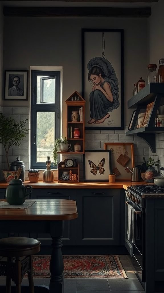 A moody kitchen featuring dark cabinets, wooden accents, and thoughtful art placements, showcasing a unique and inviting atmosphere.