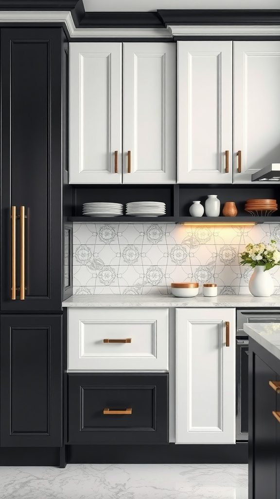 Elegant black and white kitchen with modern cabinets and gold accents