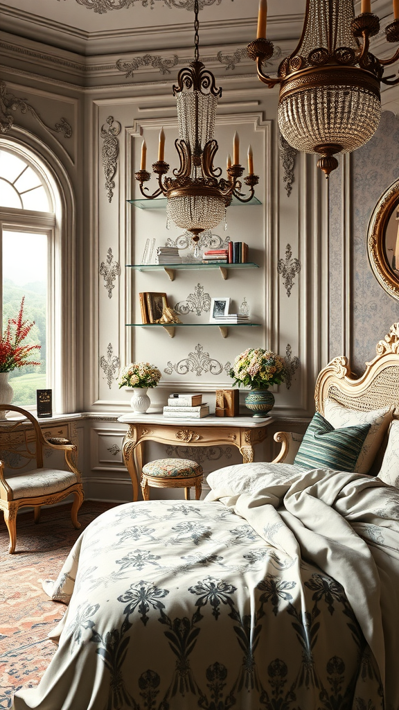 A beautifully designed Rococo bedroom featuring elegant furniture, a chandelier, floral decor, and intricate wall details.