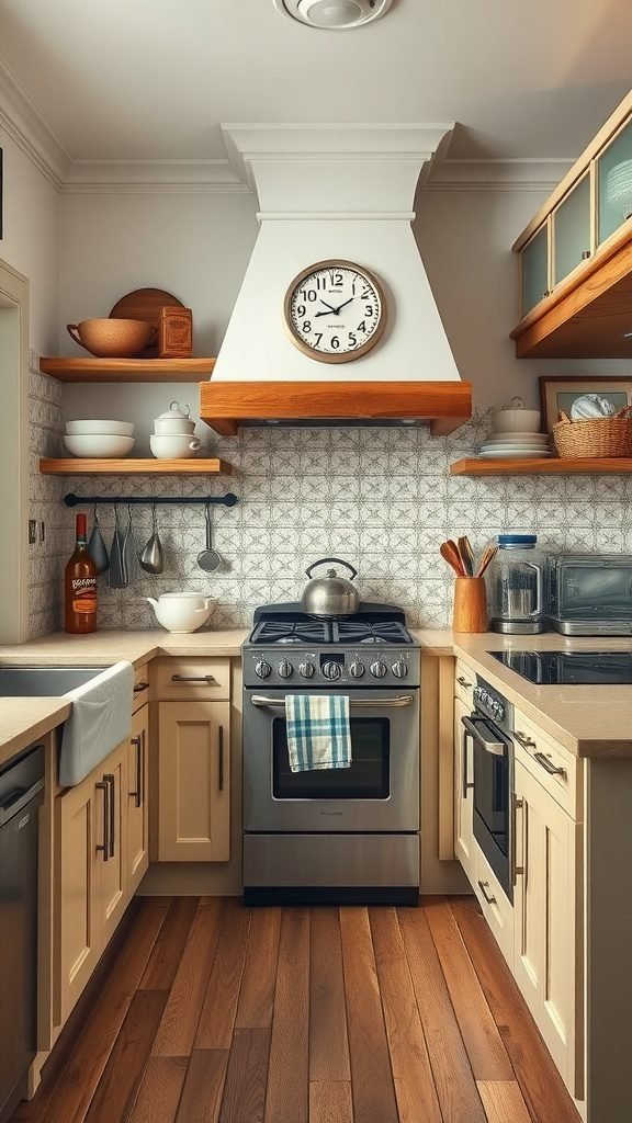 Cozy kitchen with wooden floors, modern appliances, and open shelving.