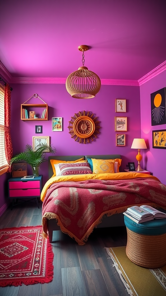 A vibrant eclectic boho bedroom featuring purple walls, colorful bedding, and artistic decor.
