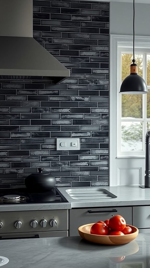 A modern kitchen featuring a dark tile backsplash, stainless steel appliances, and a bowl of red apples.